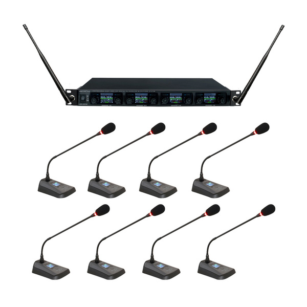 PROFESSIONAL DIGITAL UHF PLL WIRELESS MIC SYSTEM WITH EIGHT CONFERENCE PODIUM MICROPHONES
